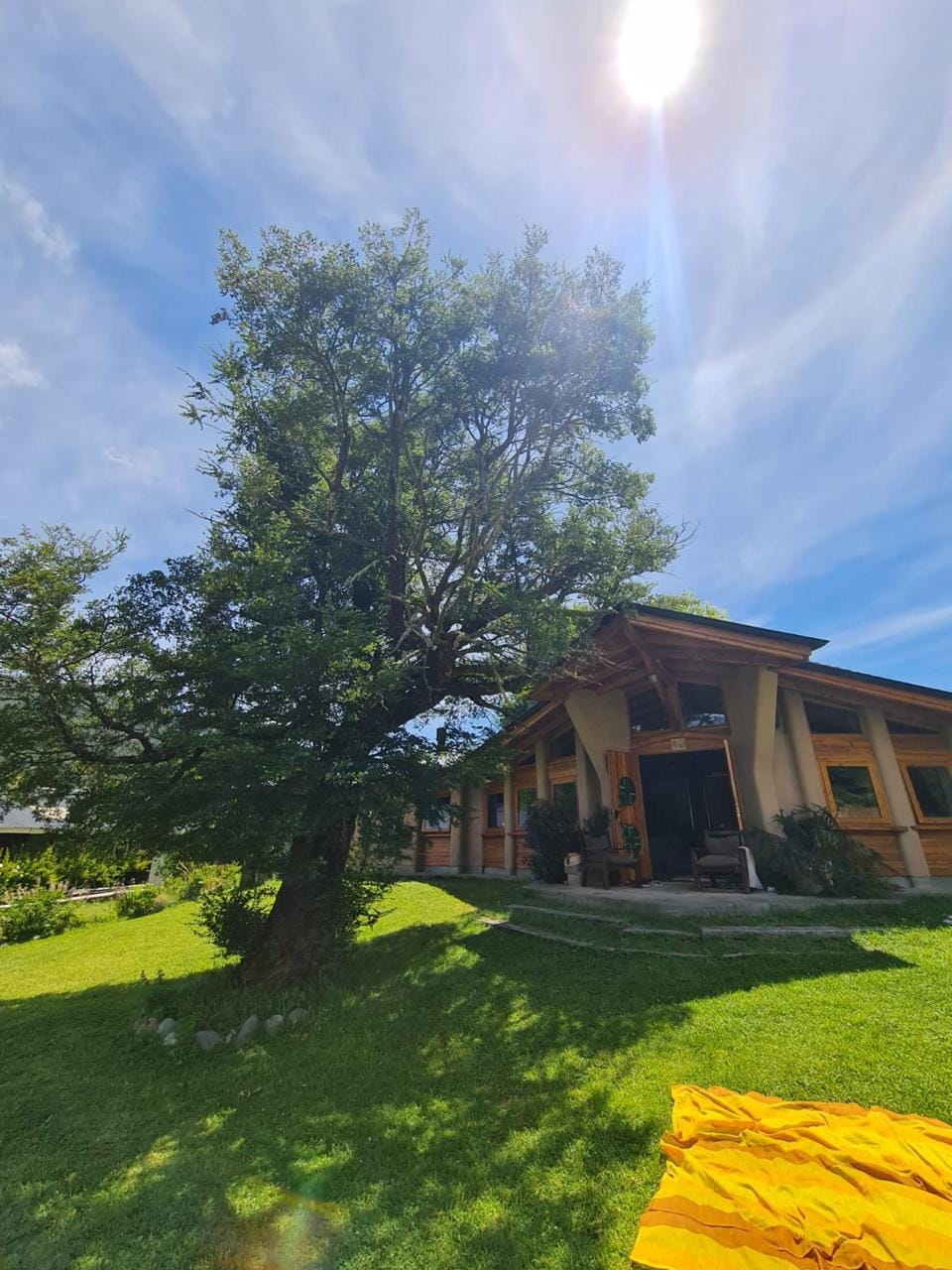 Entrada de la casa bajo un gran árbol en el jardín